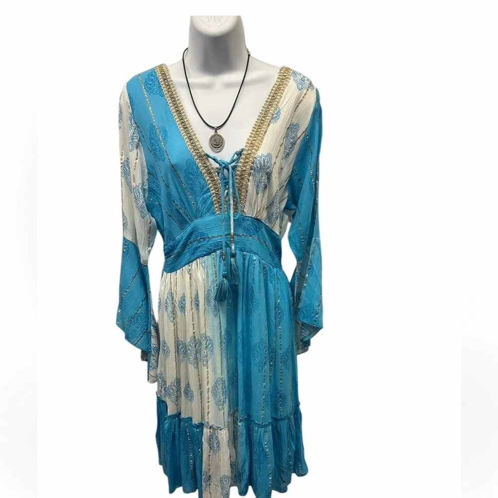 NWT. S/M Blue and White Bohemian Dress. CL/GR05 - Picture 1 of 2